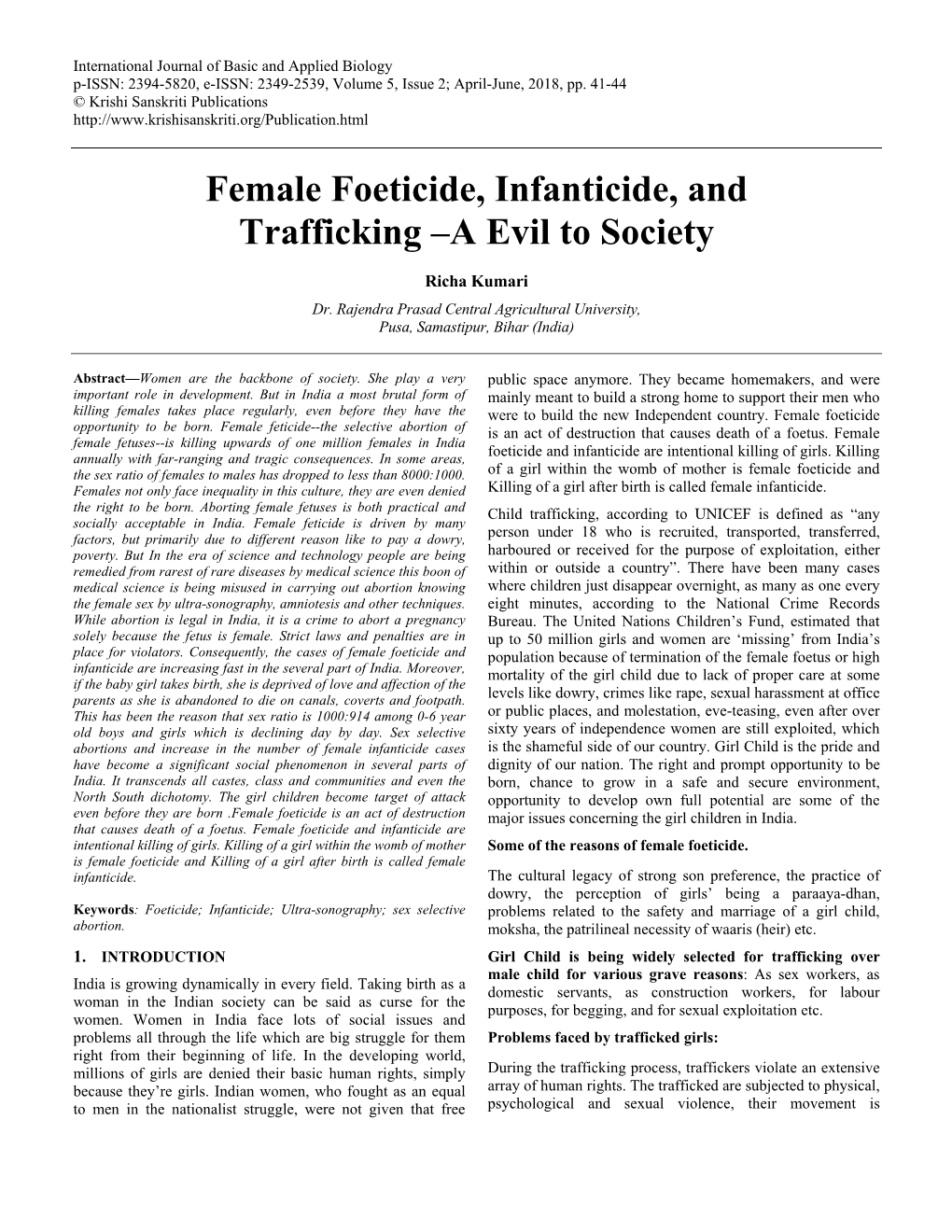 Female Foeticide, Infanticide, and Trafficking –A Evil to Society