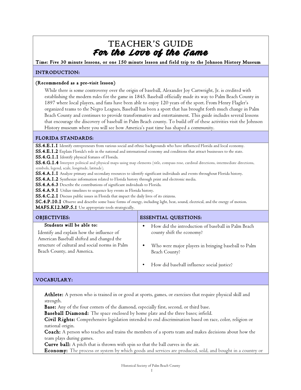 TEACHER's GUIDE for the Love of the Game