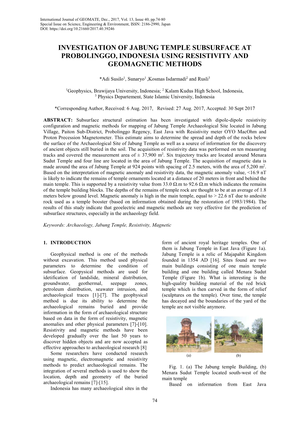 Investigation of Jabung Temple Subsurface at Probolinggo, Indonesia Using Resistivity and Geomagnetic Methods