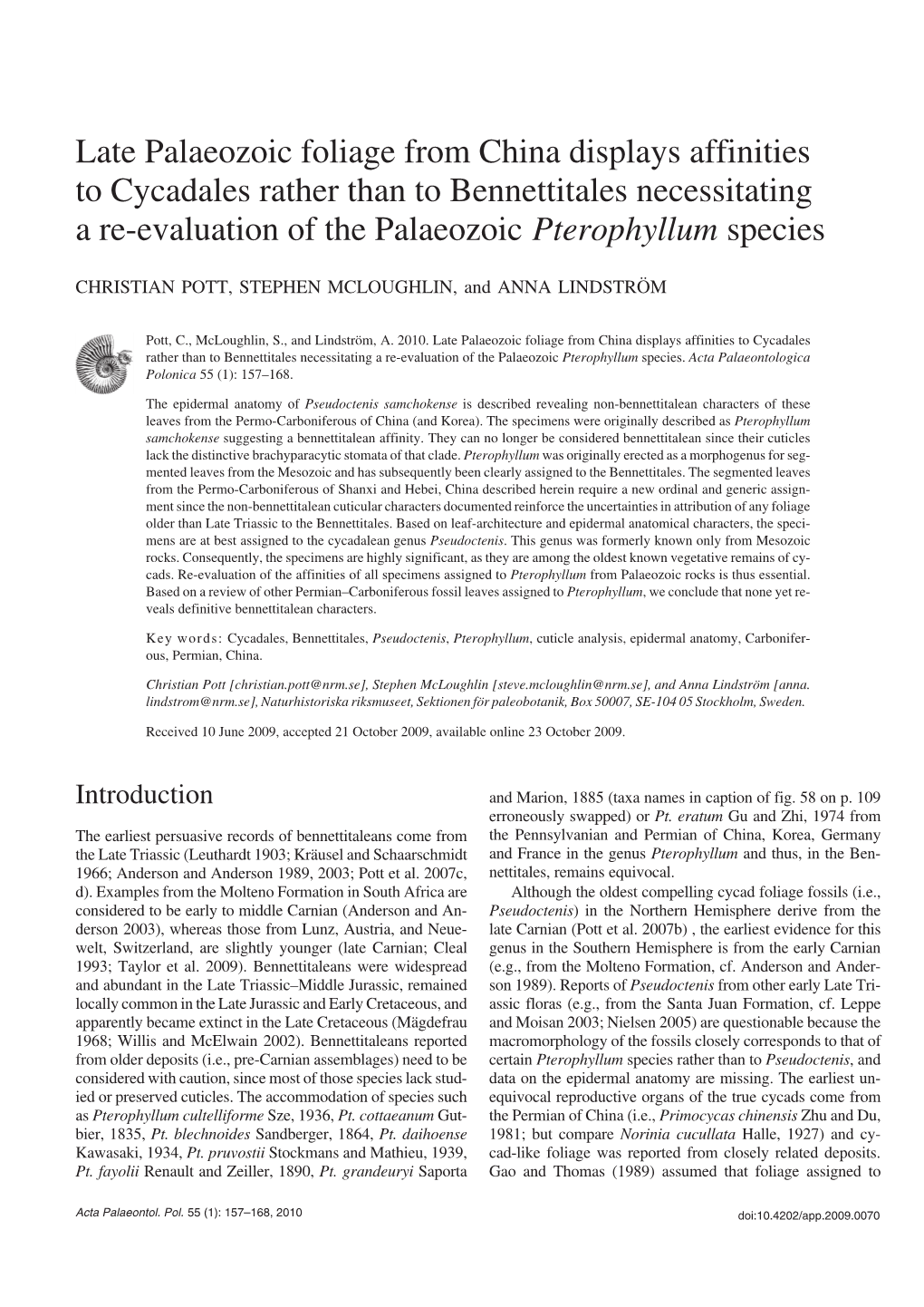 Late Palaeozoic Foliage from China Displays Affinities to Cycadales Rather Than to Bennettitales Necessitating a Re−Evaluation of the Palaeozoic Pterophyllum Species