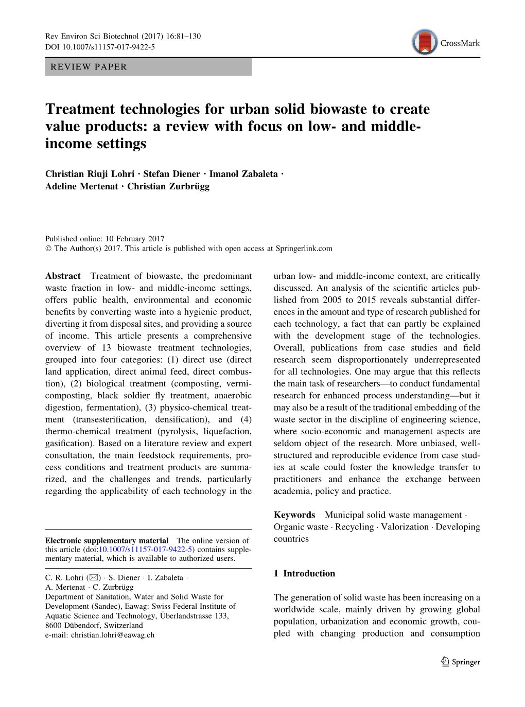 Treatment Technologies for Urban Solid Biowaste to Create Value Products: a Review with Focus on Low- and Middle- Income Settings