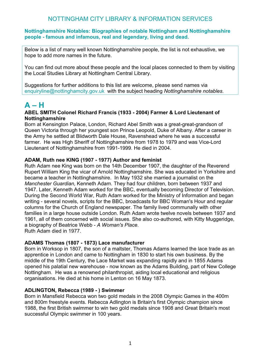 Nottinghamshire Notables A-H May 2013