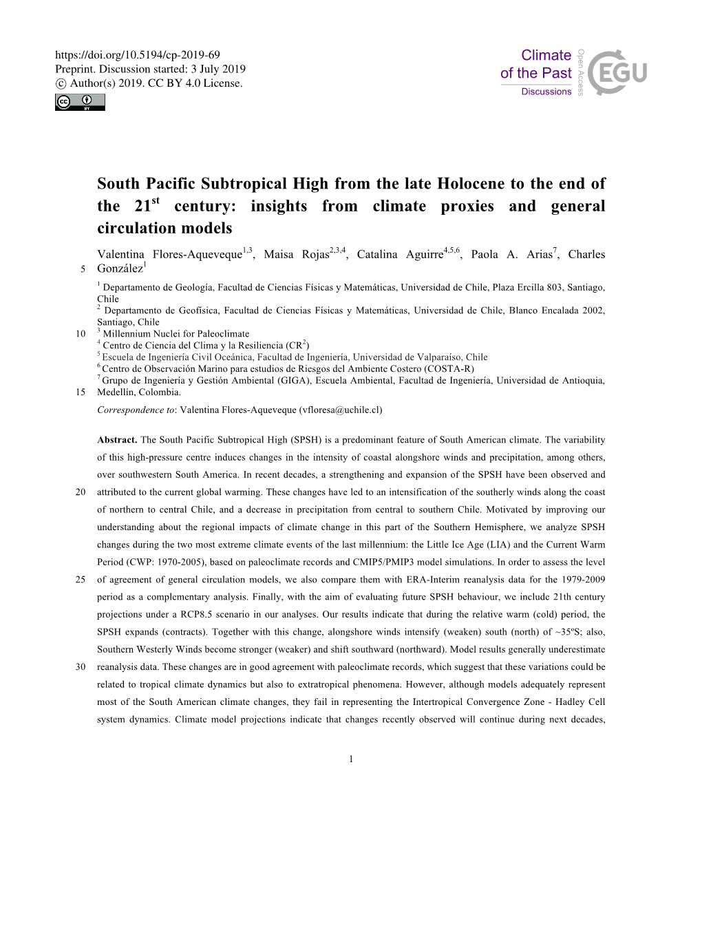 South Pacific Subtropical High from the Late Holocene to the End of The