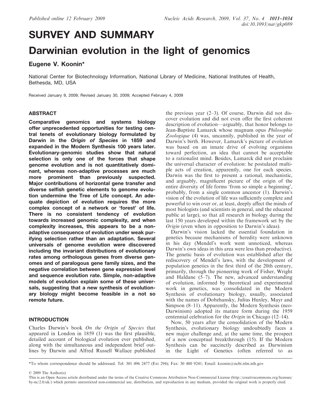 SURVEY and SUMMARY Darwinian Evolution in the Light of Genomics Eugene V