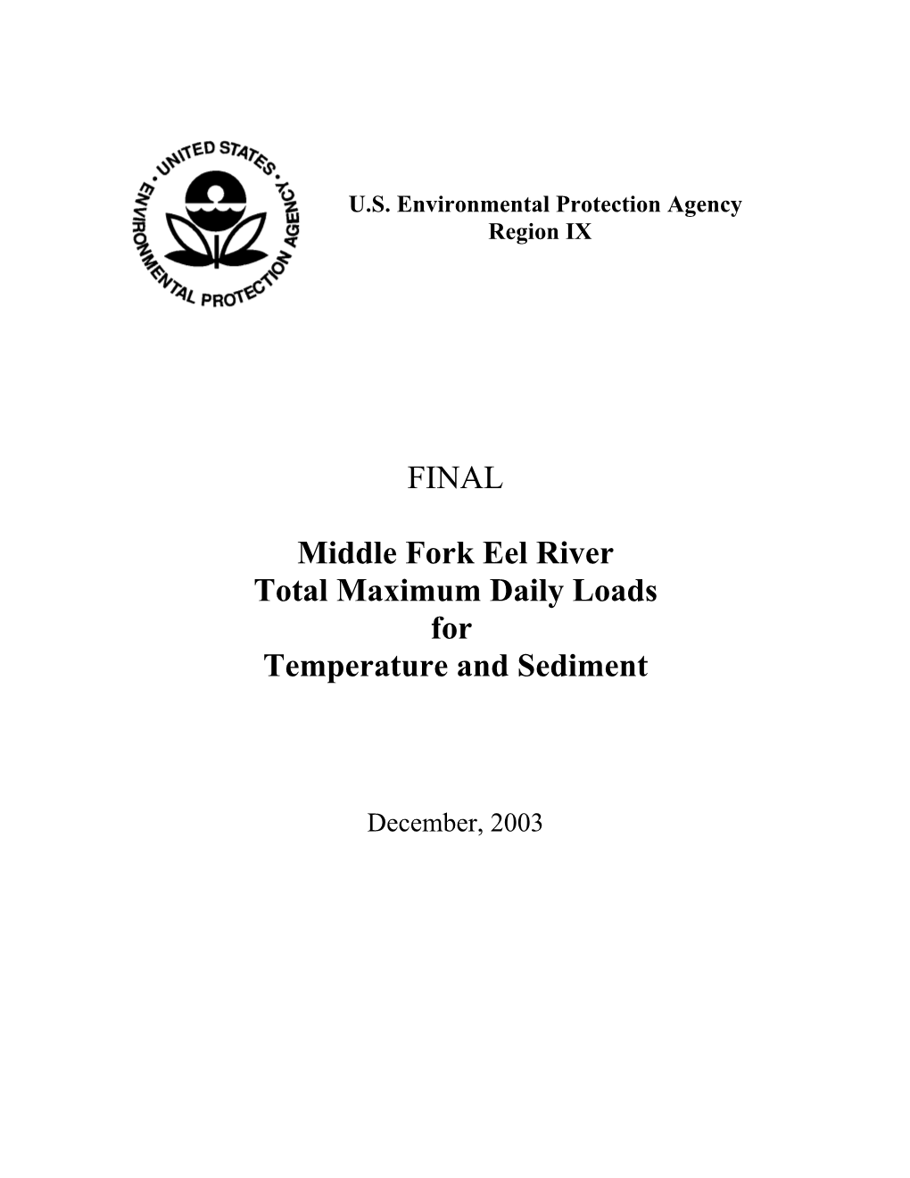 "Final Middle Fork Eel River Total Maximum Daily Loads For