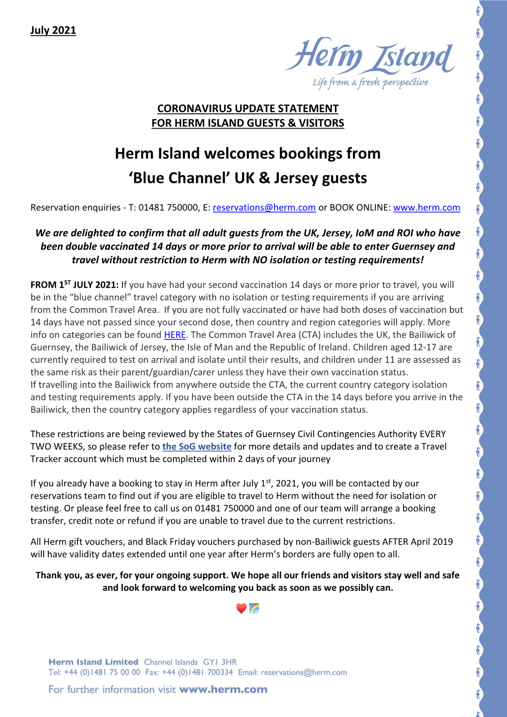 Herm Island Welcomes Bookings from 'Blue Channel' UK & Jersey Guests