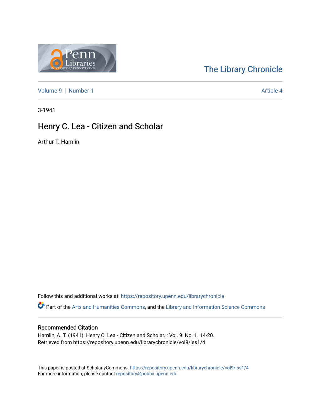 Henry C. Lea - Citizen and Scholar