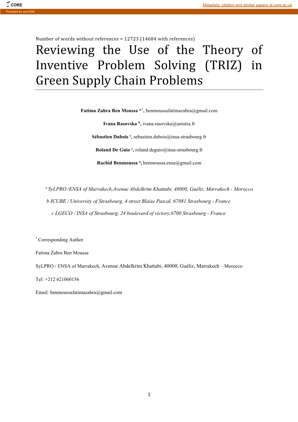 Reviewing the Use of the Theory of Inventive Problem Solving (TRIZ) in Green Supply Chain Problems