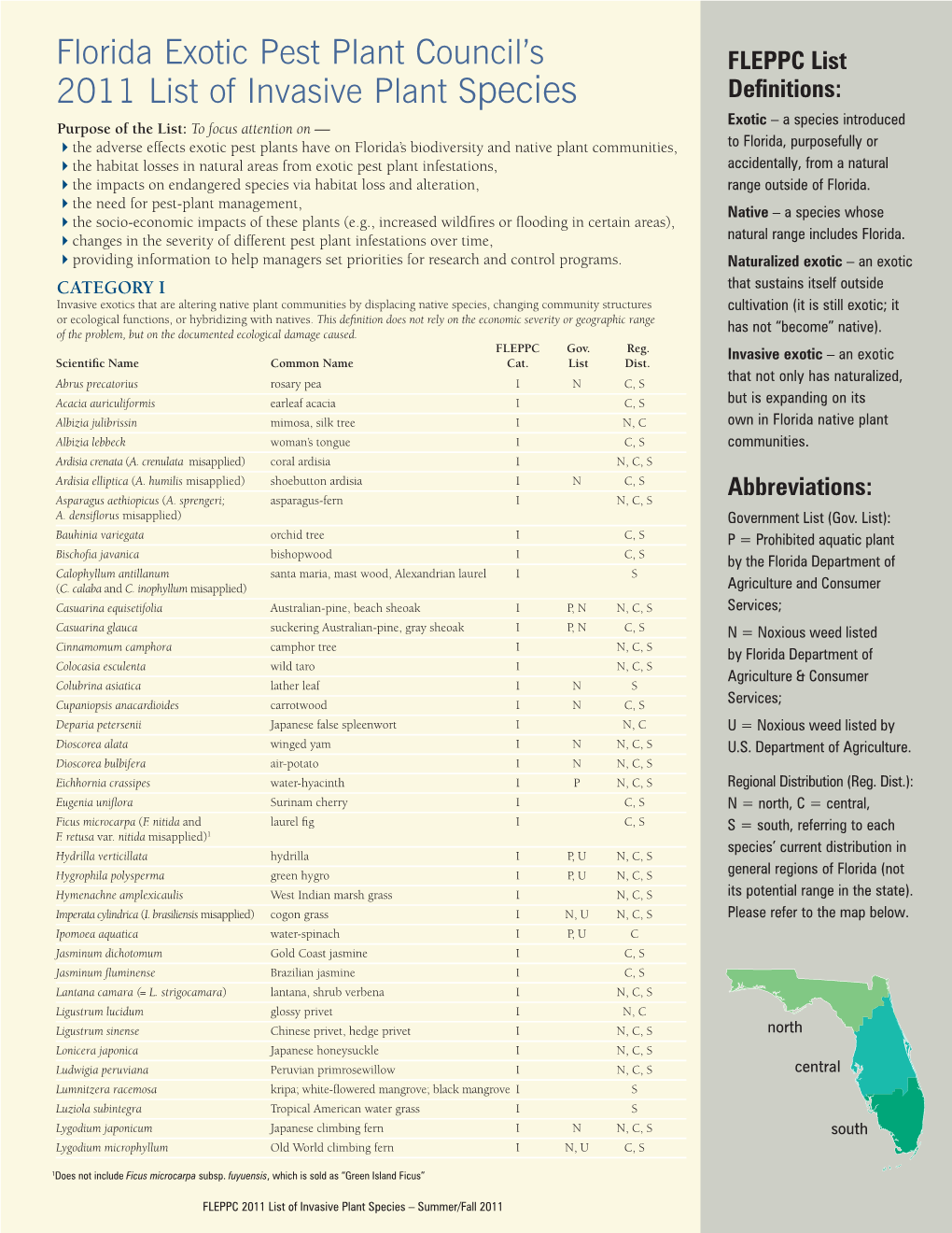 Florida Exotic Pest Plant Council's 2011 List of Invasive Plant Species