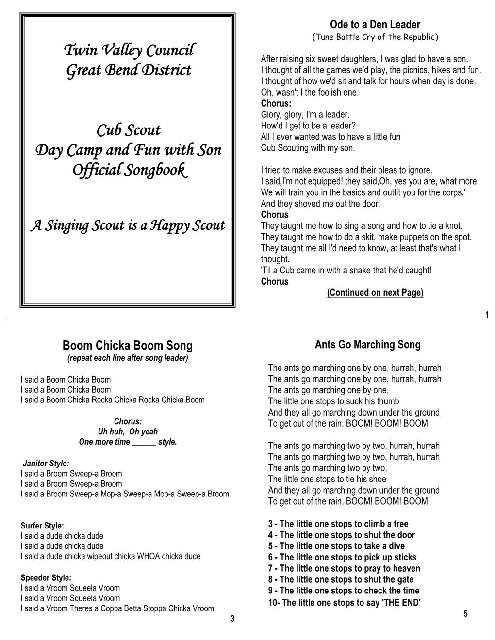 Cub Camp Song Book