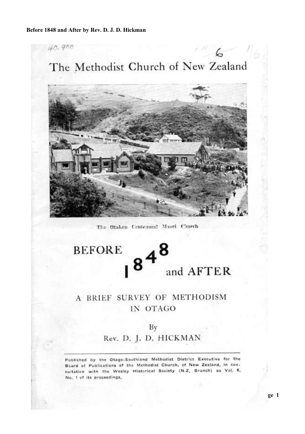 Before 1848 and After by Rev. D. J. D. Hickman Wesley Historical Society