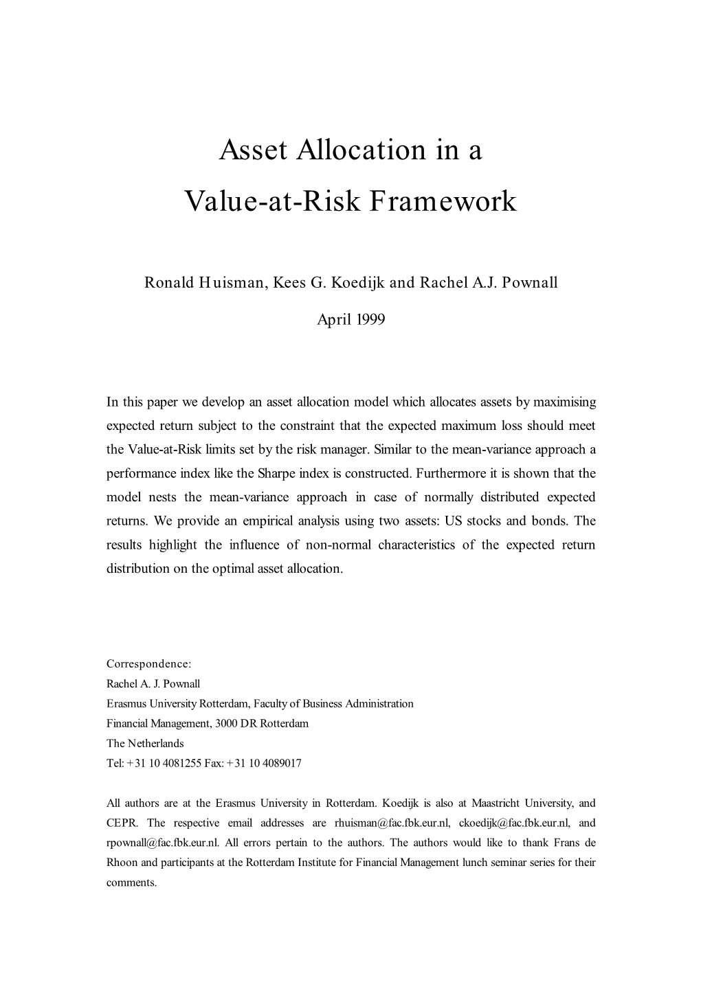 Asset Allocation in a Value-At-Risk Framework