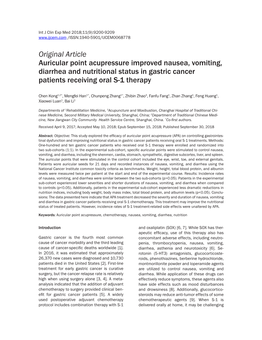 Original Article Auricular Point Acupressure Improved Nausea, Vomiting, Diarrhea and Nutritional Status in Gastric Cancer Patients Receiving Oral S-1 Therapy