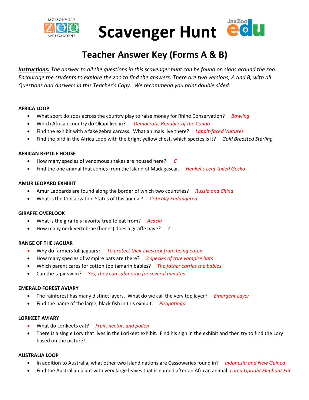 Scavenger Hunt Teacher Answer Key (Forms a & B)