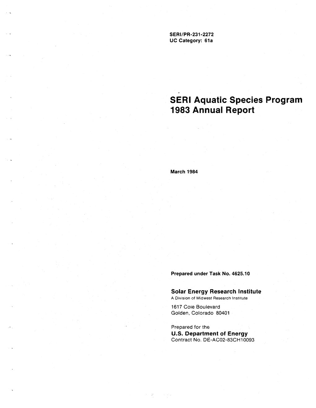 SERI Aquatic Species Program: 1983 Annual Report