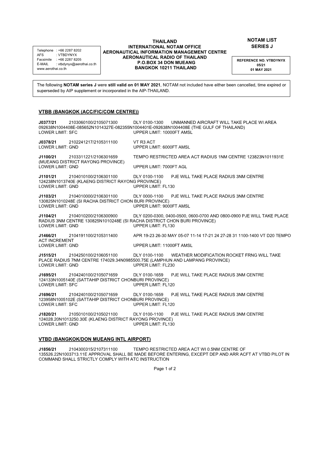 Thailand Vtbb (Bangkok (Acc/Fic/Com Centre)) Vtbd (Bangkok/Don Mueang Intl Airport) Notam List Series J