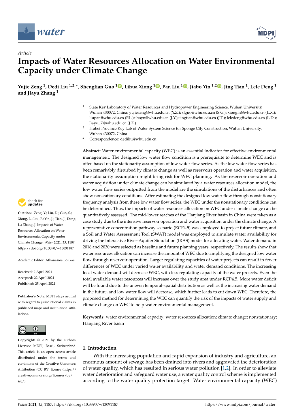 Impacts of Water Resources Allocation on Water Environmental Capacity Under Climate Change