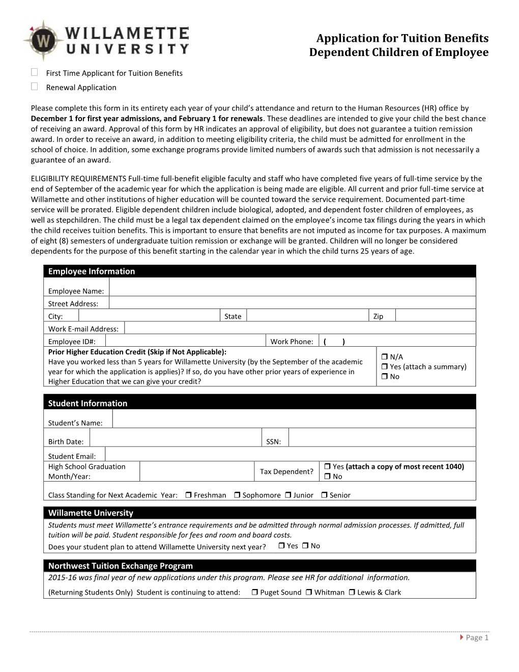 Application for Tuition Benefits Dependent Children of Employee