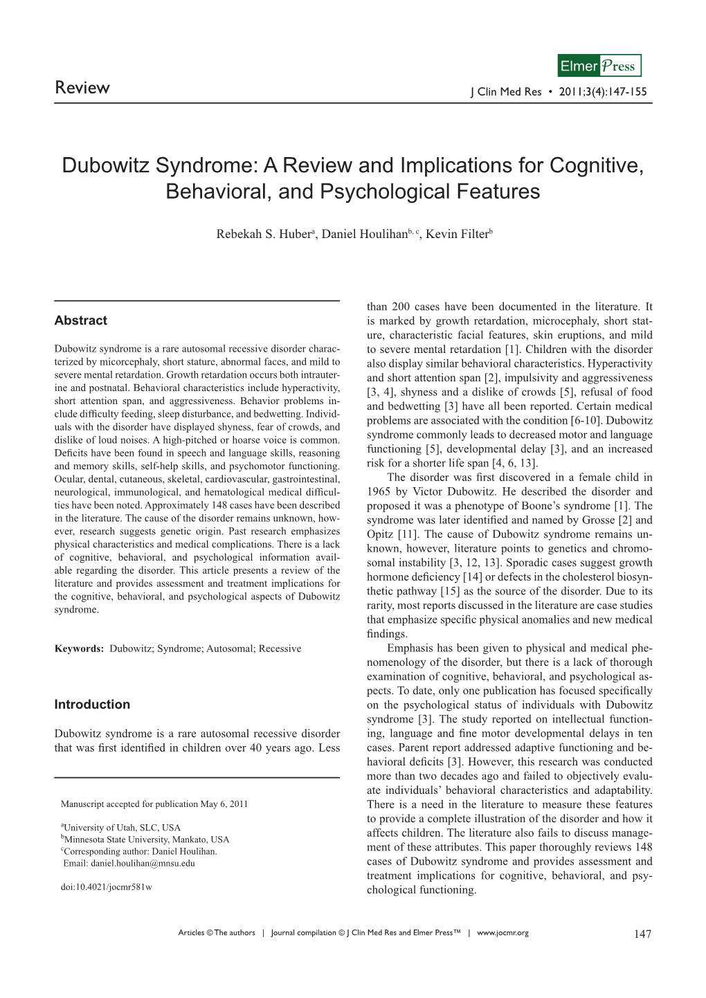 Dubowitz Syndrome: a Review and Implications for Cognitive, Behavioral, and Psychological Features