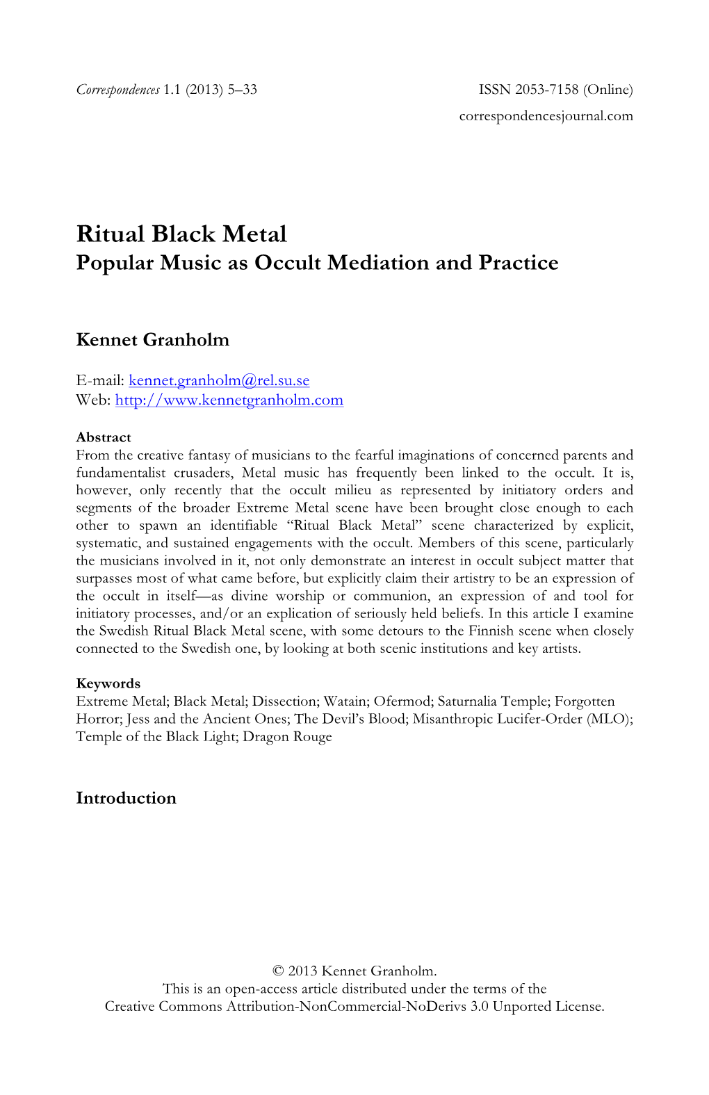 Ritual Black Metal Popular Music As Occult Mediation and Practice