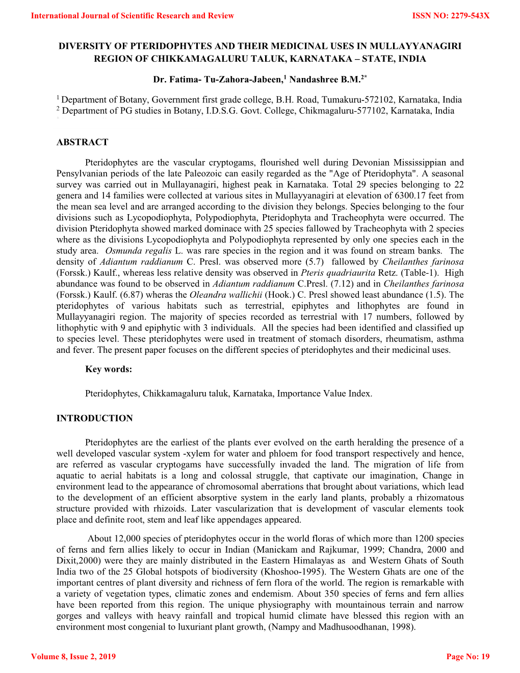 Diversity of Pteridophytes and Their Medicinal Uses in Mullayyanagiri ...