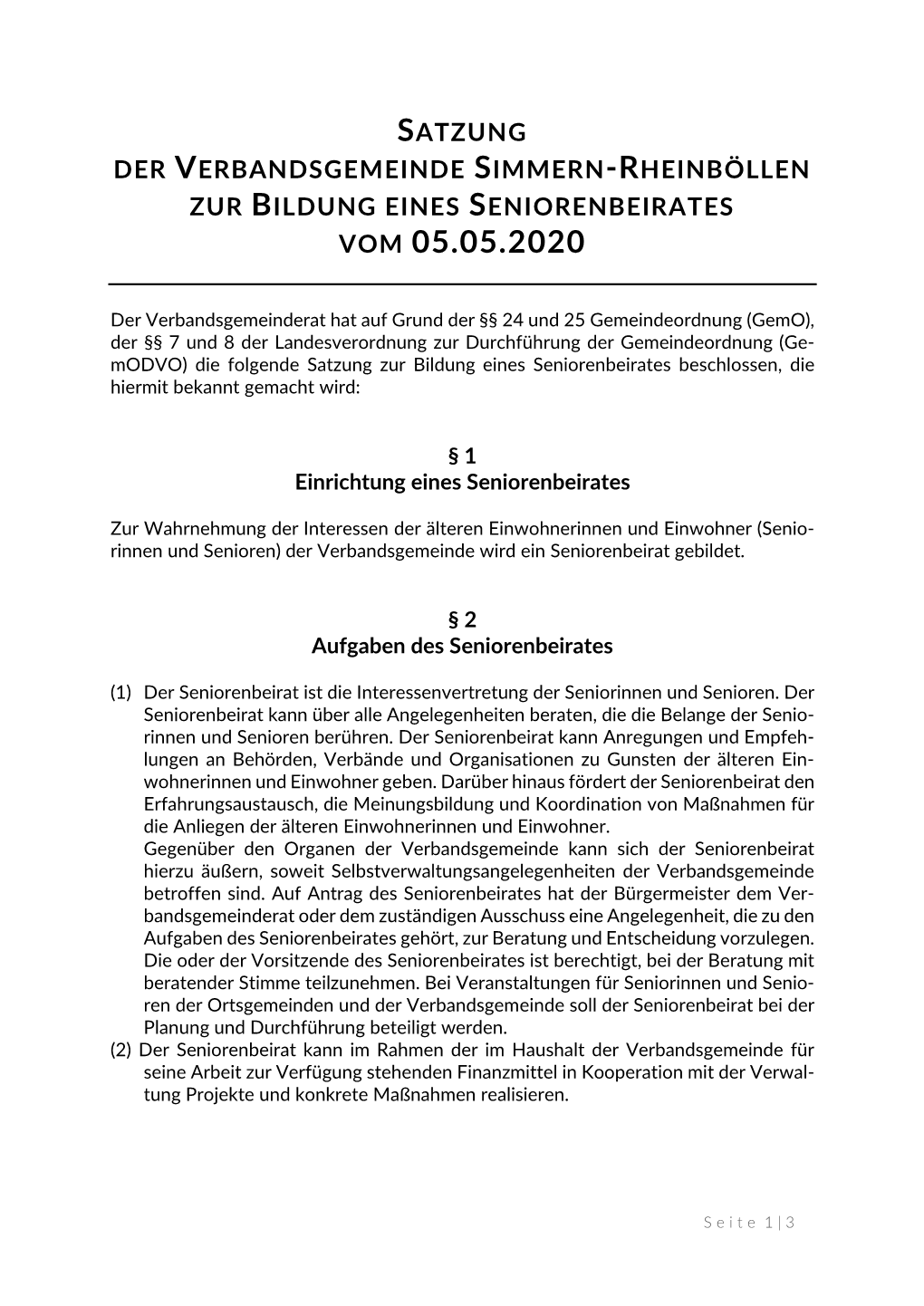 Satzung Der Verbandsgemeinde Simmern-Rheinböllen Zur Bildung Eines Seniorenbeirates Vom 05.05.2020
