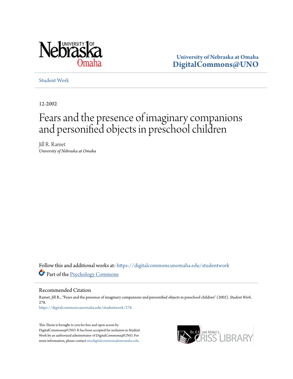 Fears and the Presence of Imaginary Companions and Personified Objects in Preschool Children Jill R