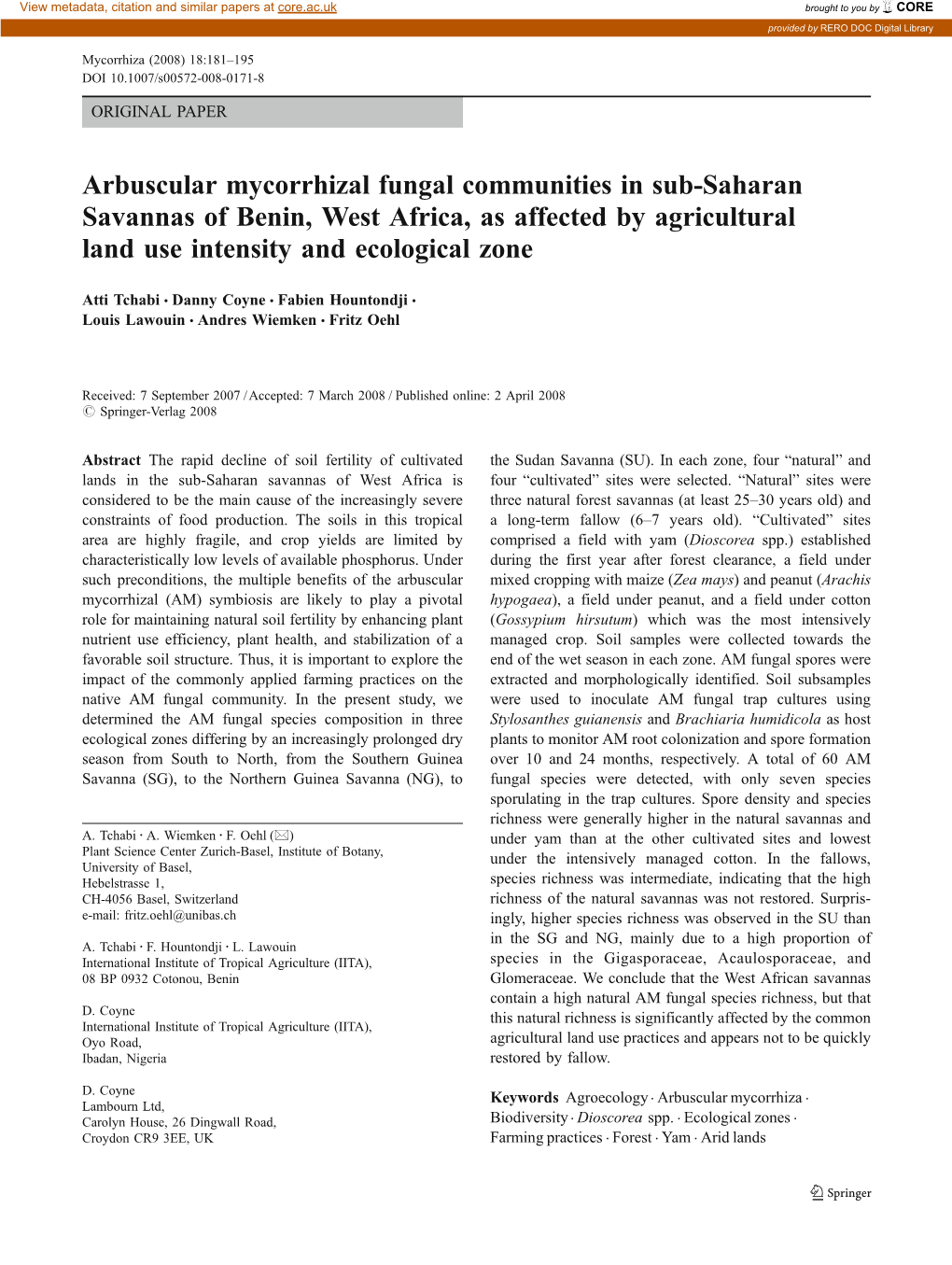 Arbuscular Mycorrhizal Fungal Communities in Sub-Saharan Savannas of Benin, West Africa, As Affected by Agricultural Land Use Intensity and Ecological Zone