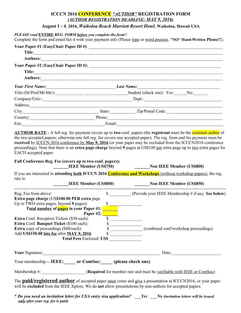 Icccn07 (Author) Registration Form