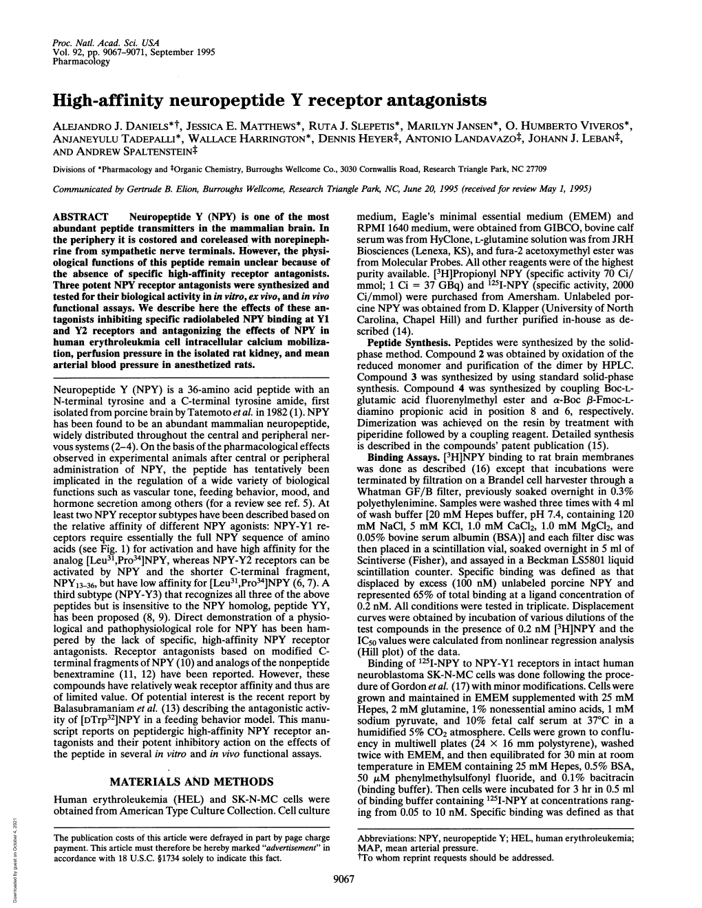 High-Affinity Neuropeptide Y Receptor Antagonists ALEJANDRO J