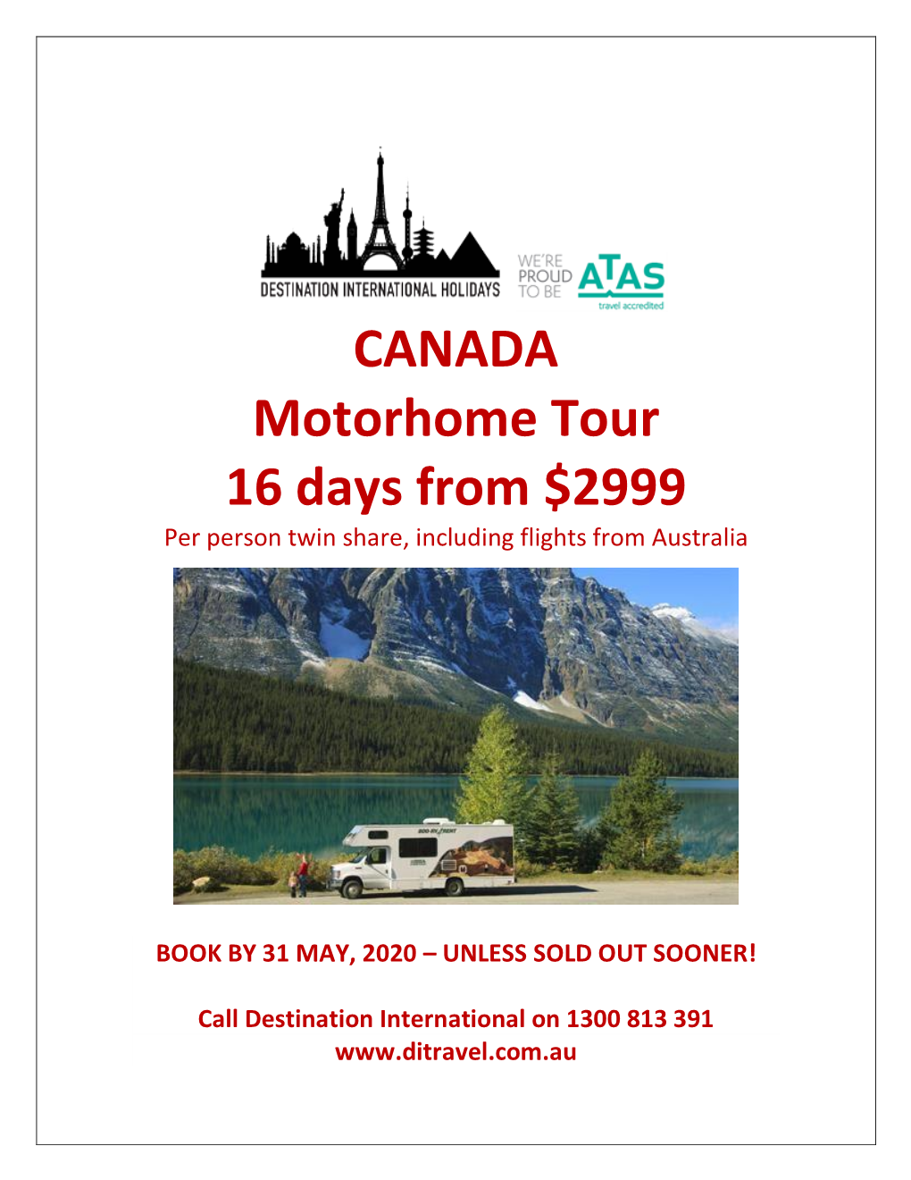 CANADA Motorhome Tour 16 Days from $2999 Per Person Twin Share, Including Flights from Australia