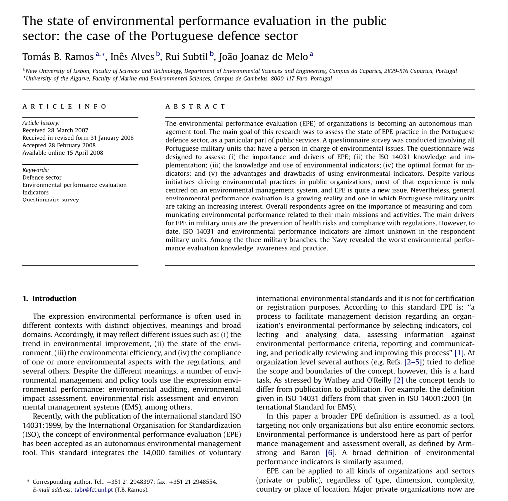 The State of Environmental Performance Evaluation in the Public Sector: the Case of the Portuguese Defence Sector