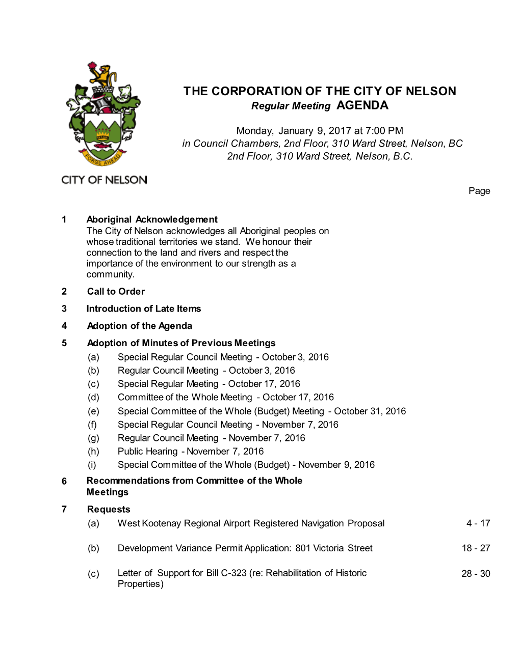 THE CORPORATION of the CITY of NELSON Regular Meeting AGENDA
