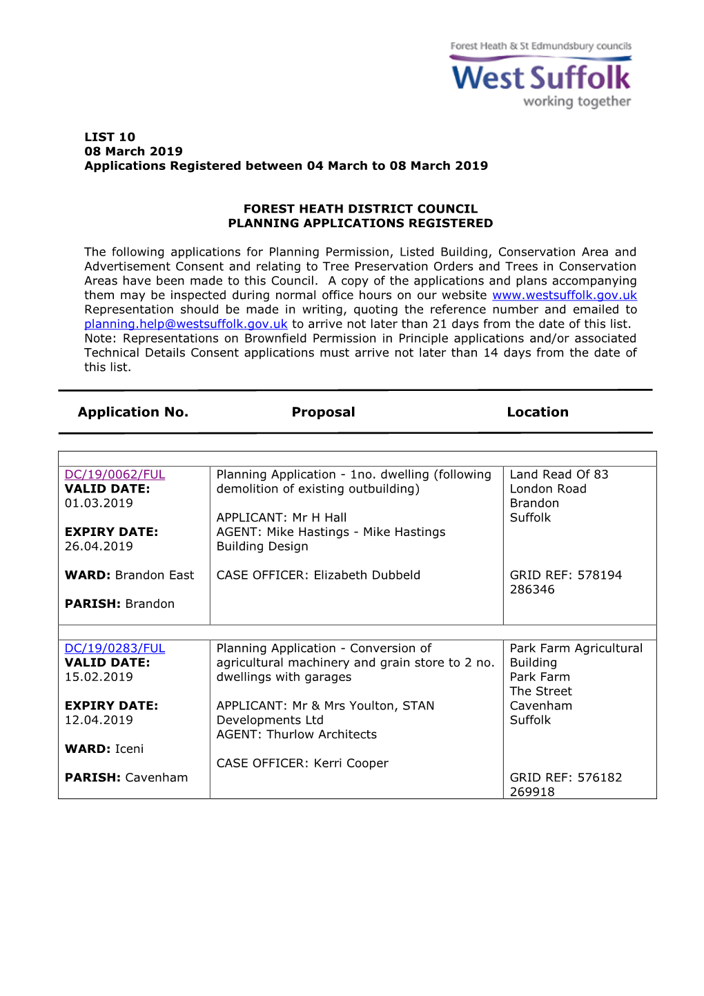 FHDC Planning Applications 10/19