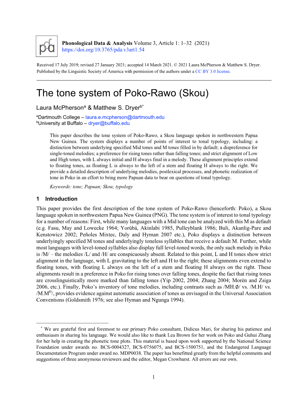 The Tone System of Poko-Rawo (Skou)