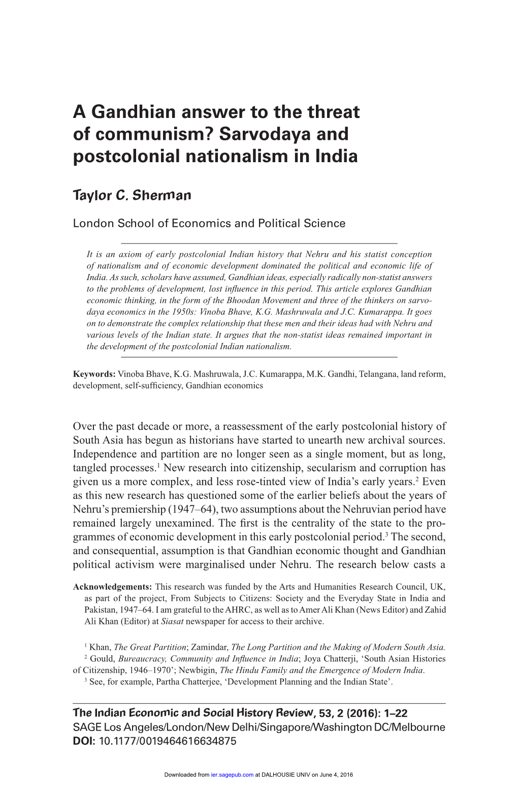 A Gandhian Answer to the Threat of Communism? Sarvodaya and Postcolonial Nationalism in India
