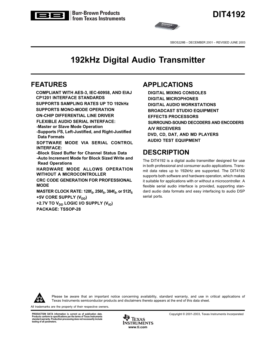 DIT4192: 192Khz Digital Audio Transmitter Datasheet