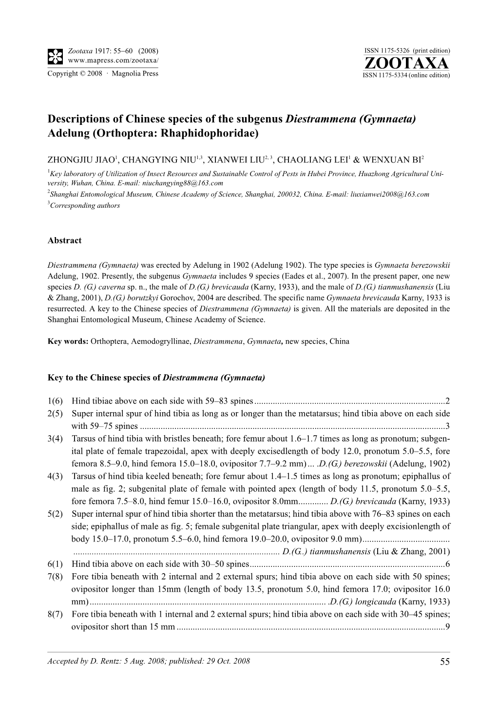 Zootaxa, Descriptions of Chinese Species of the Subgenus Diestrammena (Gymnaeta) Adelung (Orthoptera: Rhaphidophoridae)