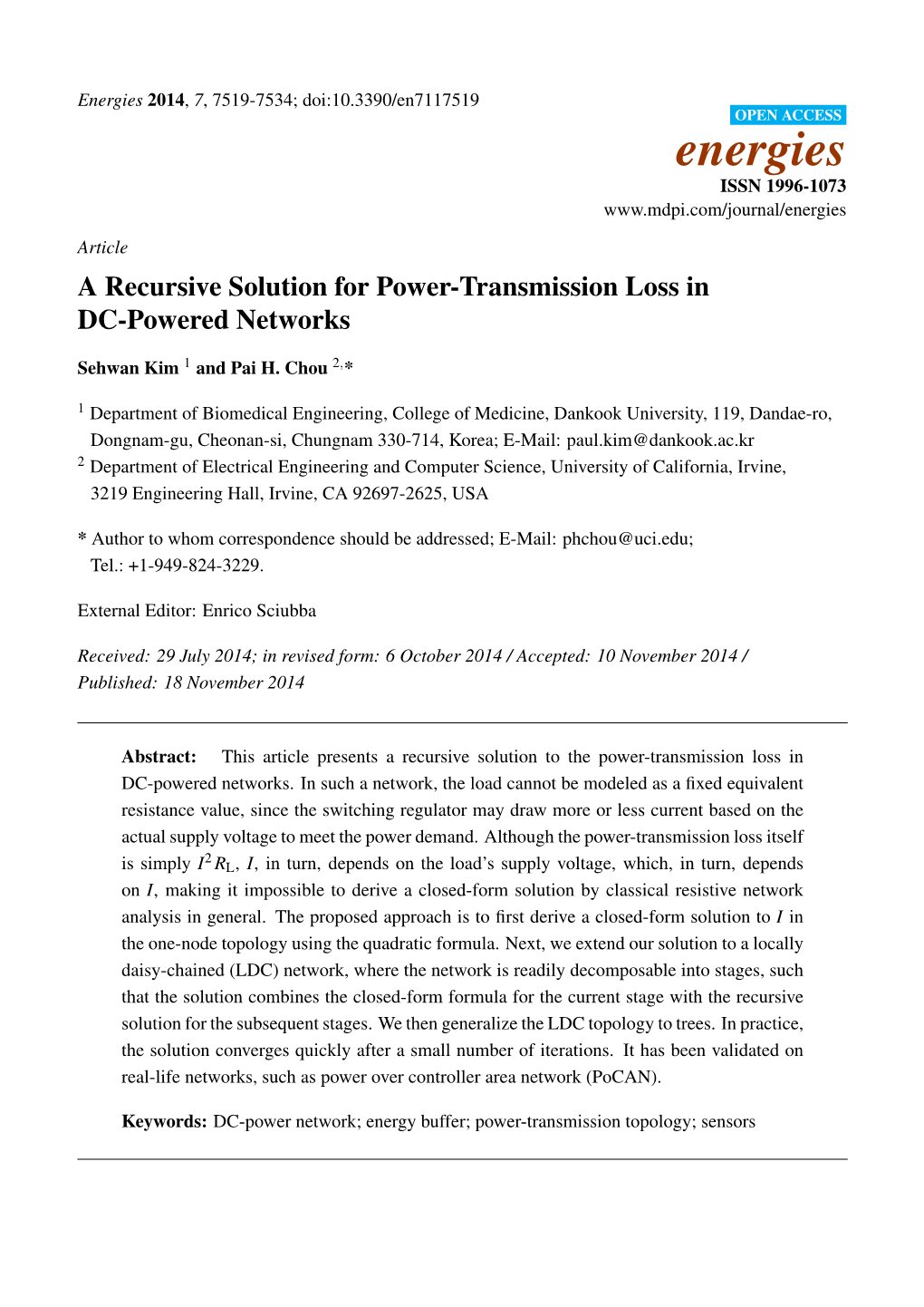 A Recursive Solution for Power-Transmission Loss in DC-Powered Networks