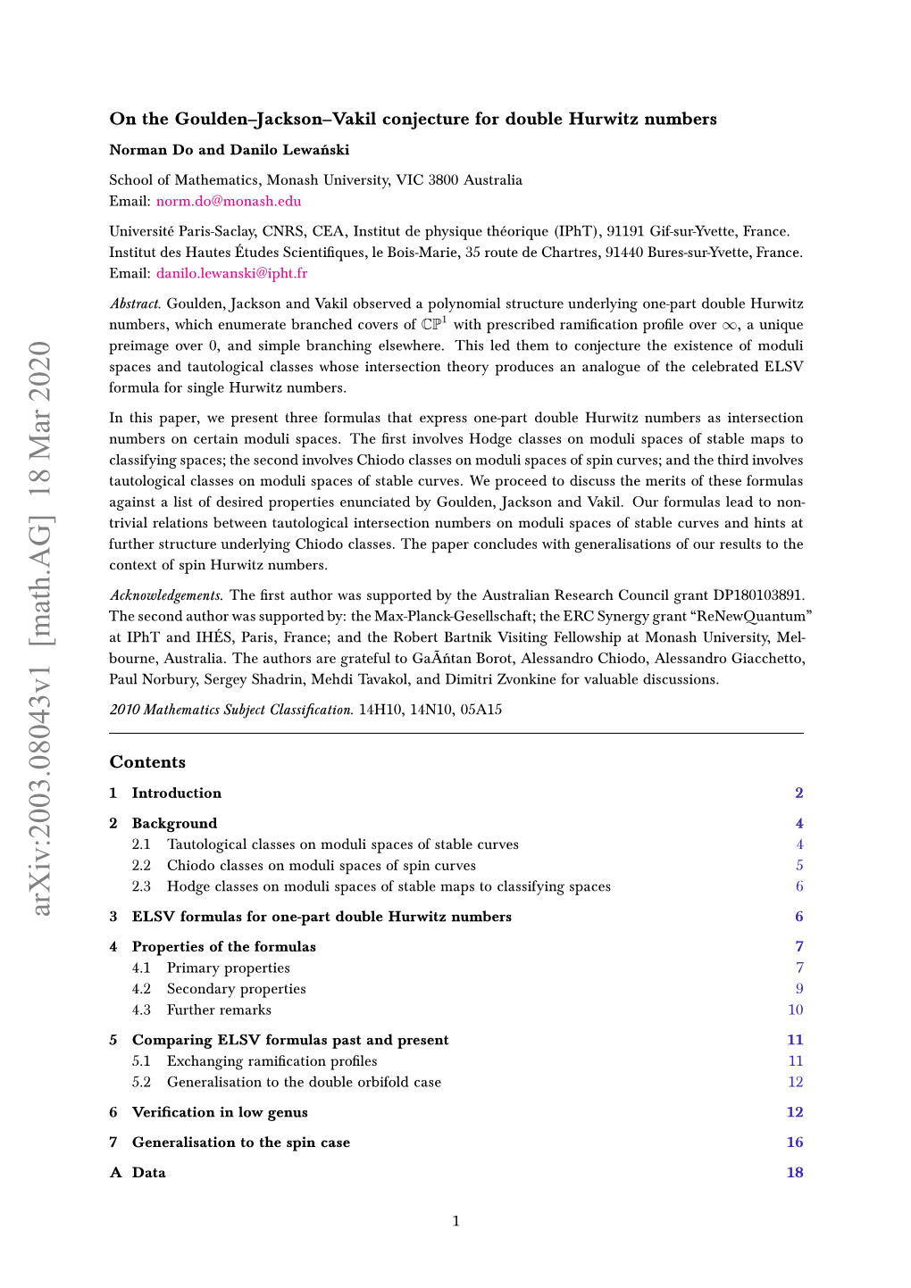 Math.AG] 18 Mar 2020 H Eodato a Upre Y H Max-Planck-Gesellsc the By: Supported Was Author Second the 00Mteaissbetclassiﬁcation