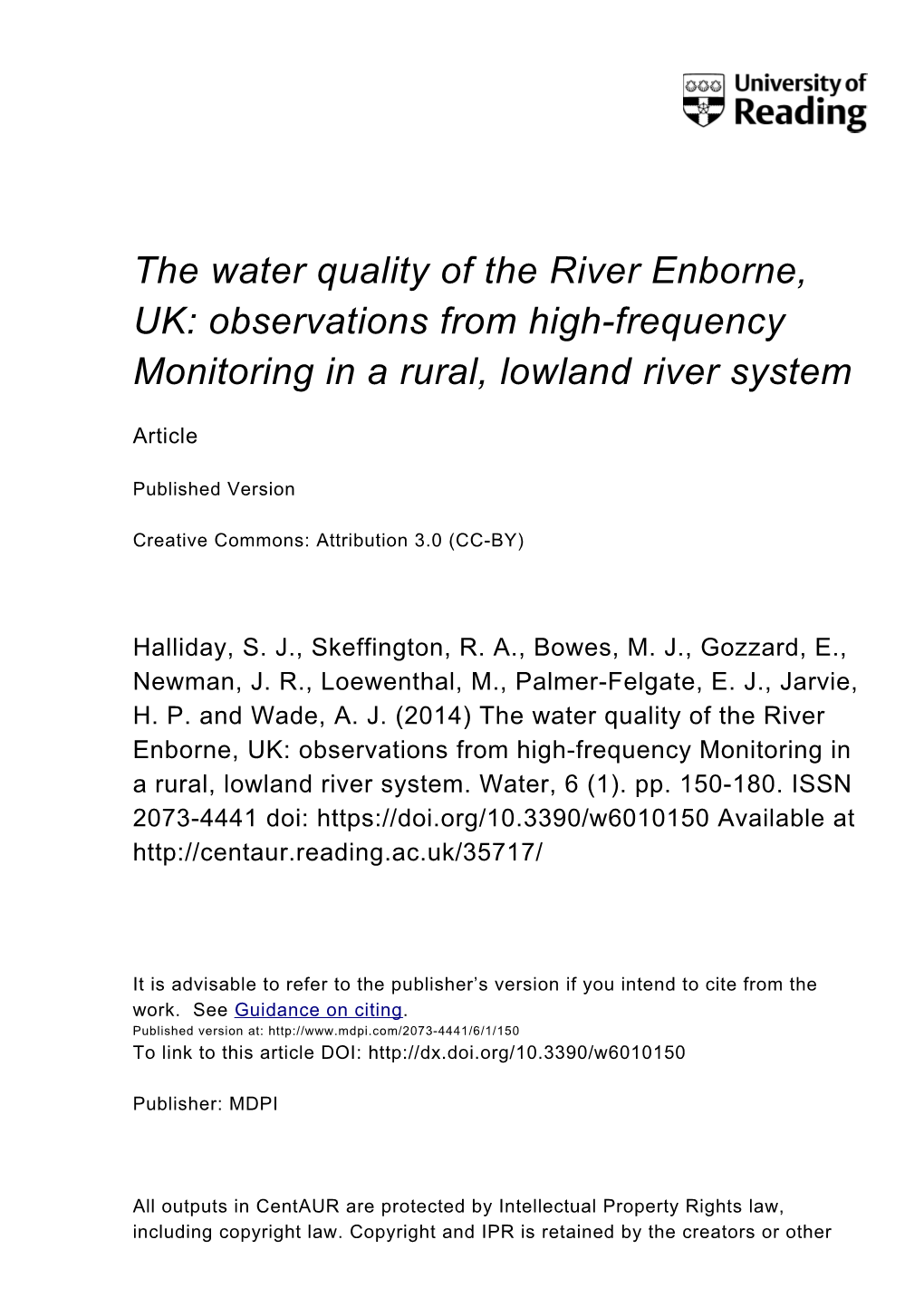 The Water Quality of the River Enborne, UK: Observations from High-Frequency Monitoring in a Rural, Lowland River System