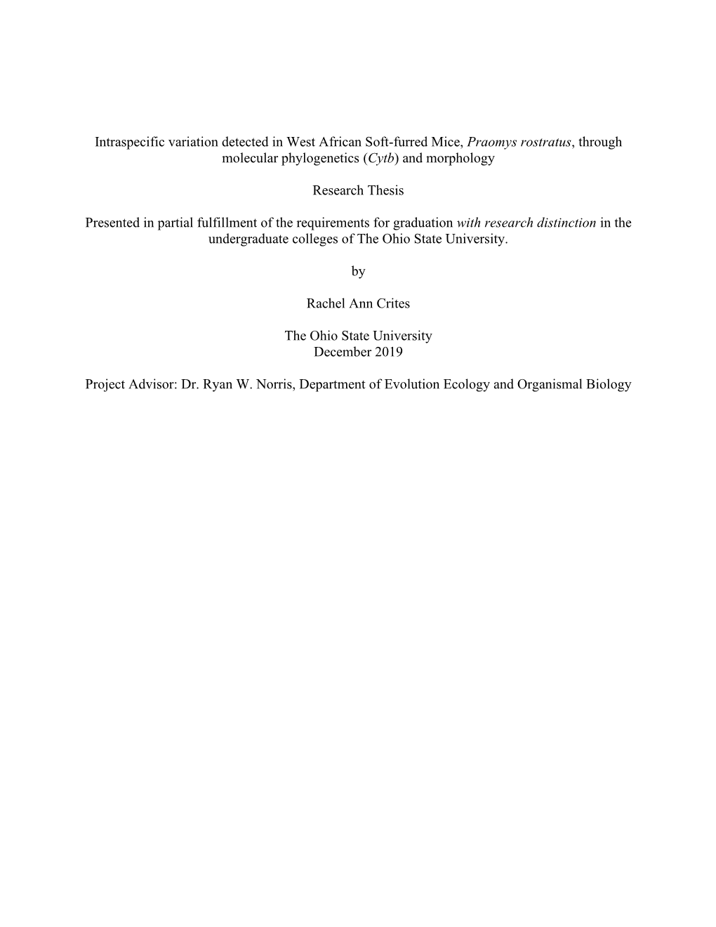 Intraspecific Variation Detected in West African Soft-Furred Mice, Praomys Rostratus, Through Molecular Phylogenetics (Cytb) and Morphology