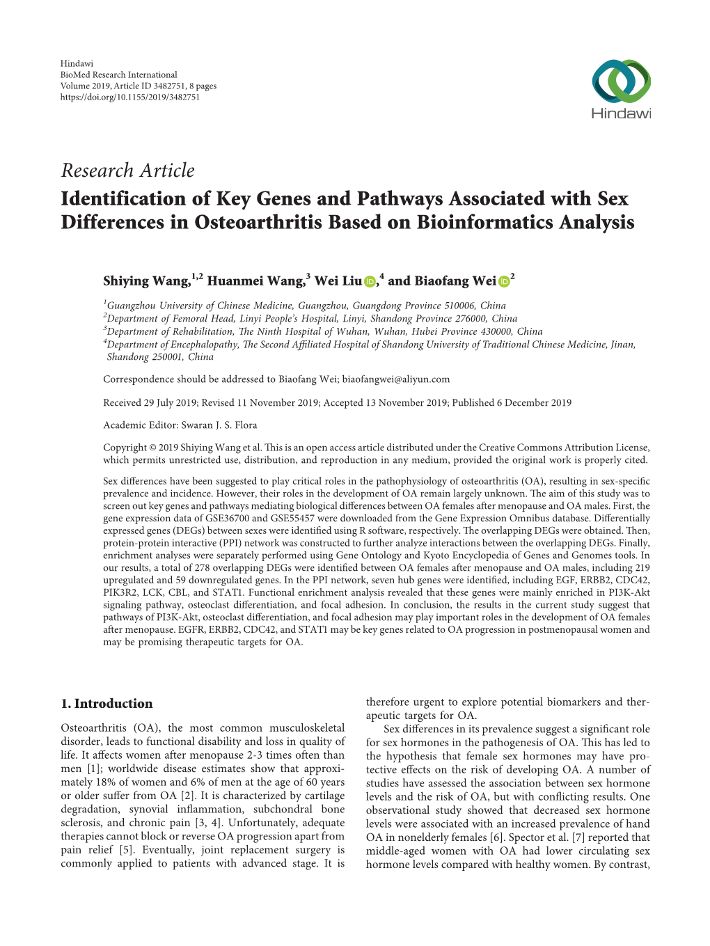 Research Article Identification of Key Genes and Pathways Associated with Sex Differences in Osteoarthritis Based on Bioinformatics Analysis