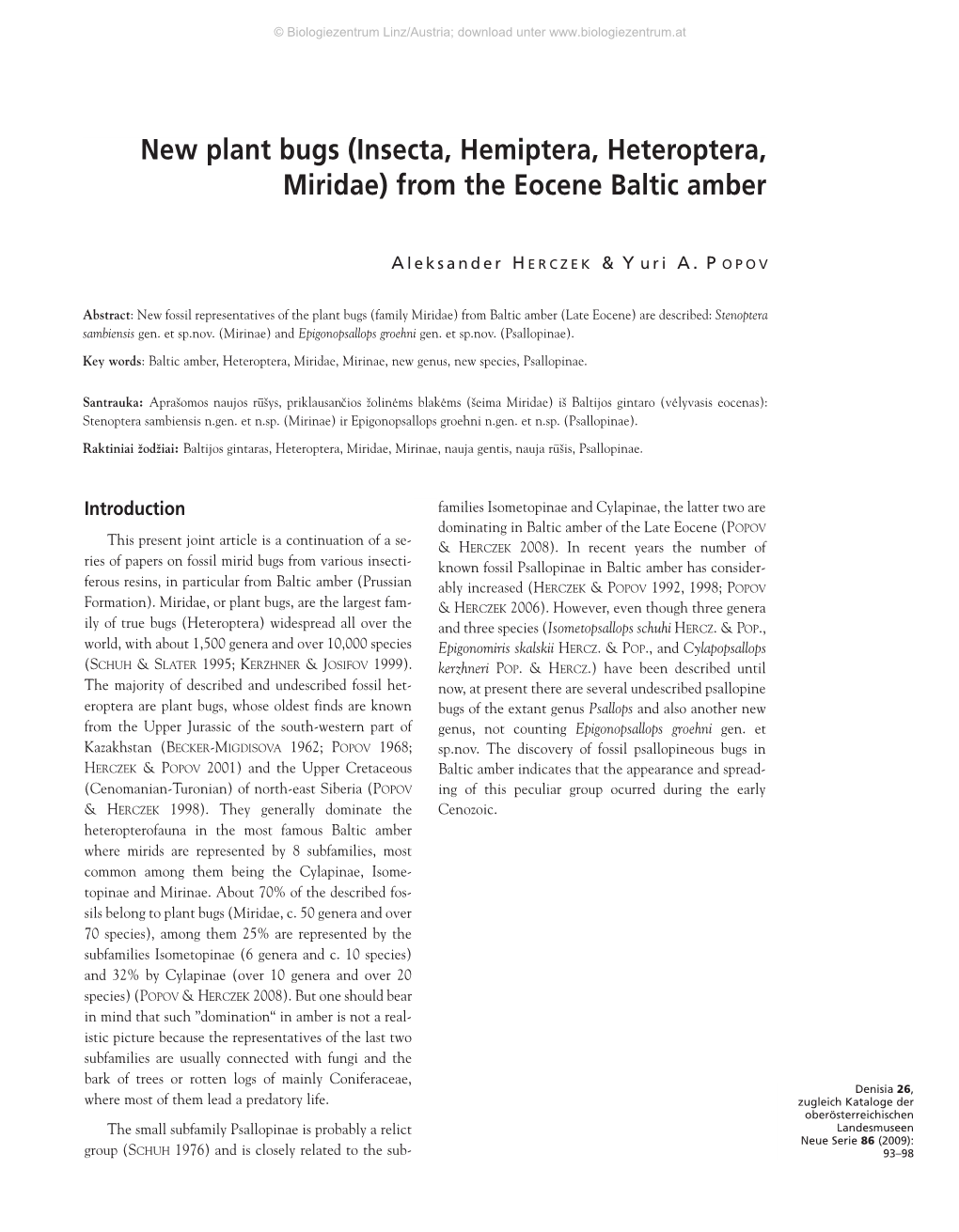 New Plant Bugs (Insecta, Hemiptera, Heteroptera, Miridae) from the Eocene Baltic Amber