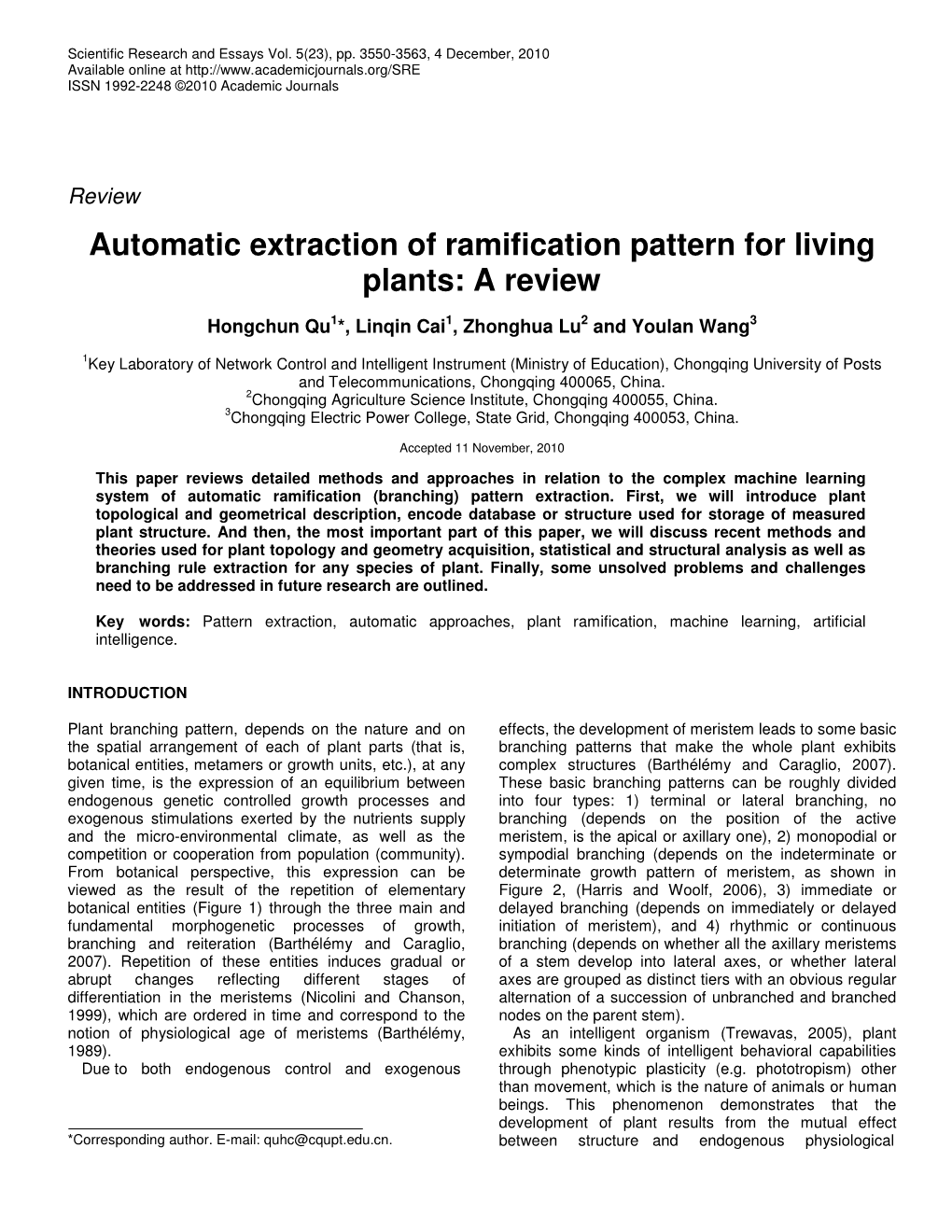 Automatic Extraction of Ramification Pattern for Living Plants: a Review