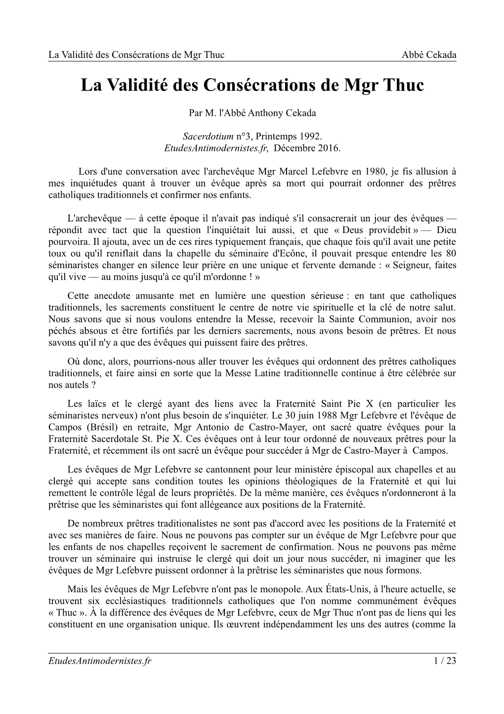 La Validité Des Consécrations De Mgr Thuc Abbé Cekada La Validité Des Consécrations De Mgr Thuc