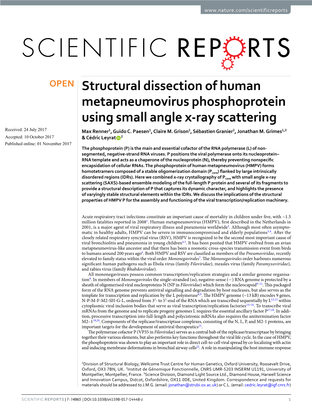 Structural Dissection of Human Metapneumovirus Phosphoprotein Using Small Angle X-Ray Scattering Received: 24 July 2017 Max Renner1, Guido C