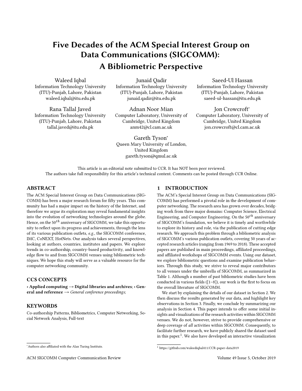 SIGCOMM): a Bibliometric Perspective