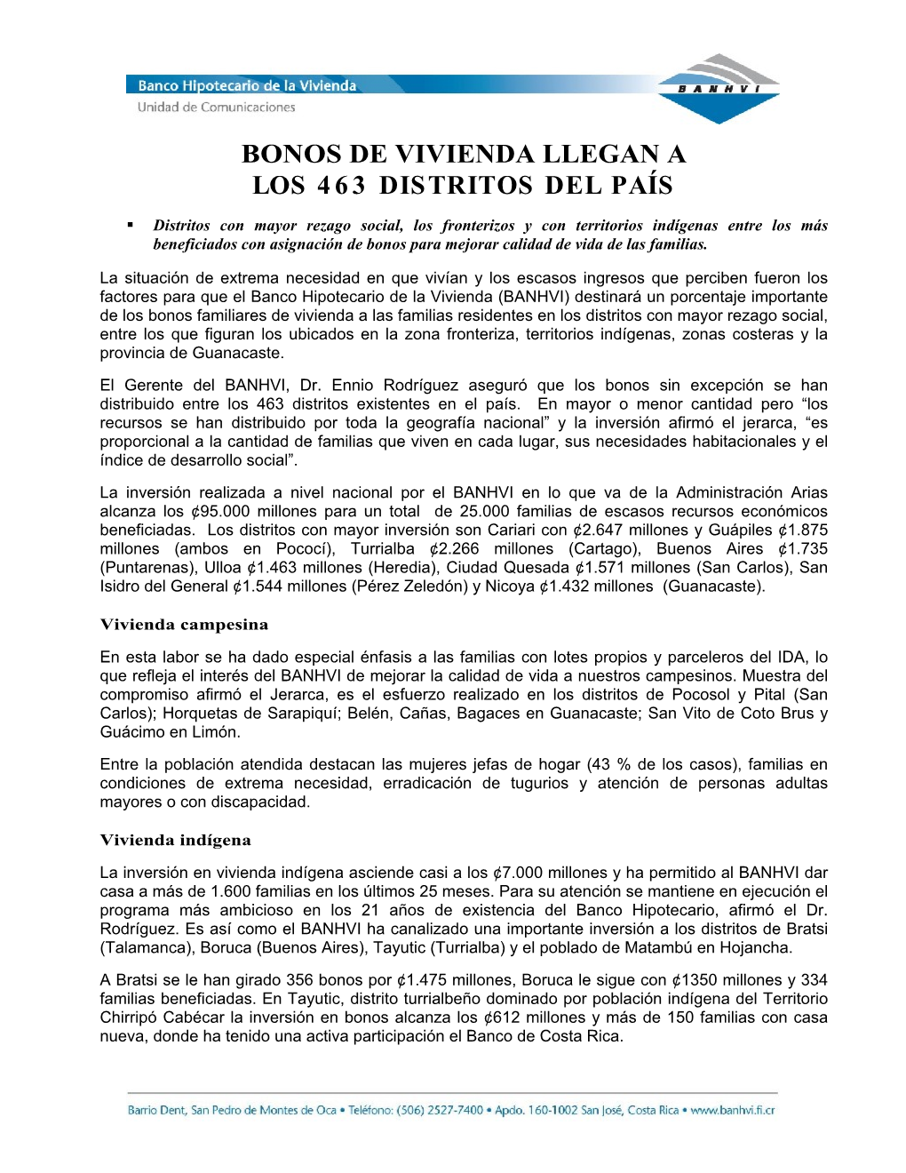 Bonos De Vivienda Llegan a Los 463 Distritos Del País