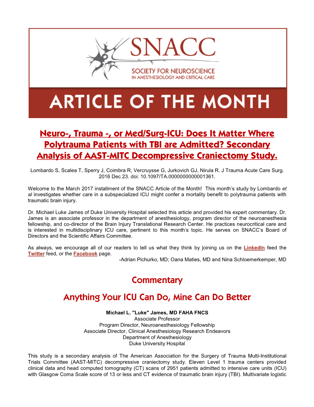 Neuro-, Trauma -, Or Med/Surg-ICU: Does It Matter Where Polytrauma Patients with TBI Are Admitted? Secondary Analysis of AAST-MITC Decompressive Craniectomy Study